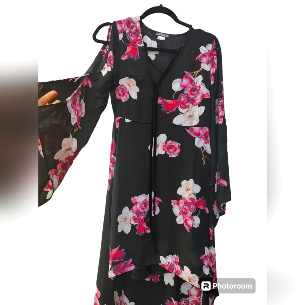 High low long sleeve summer floral Dress